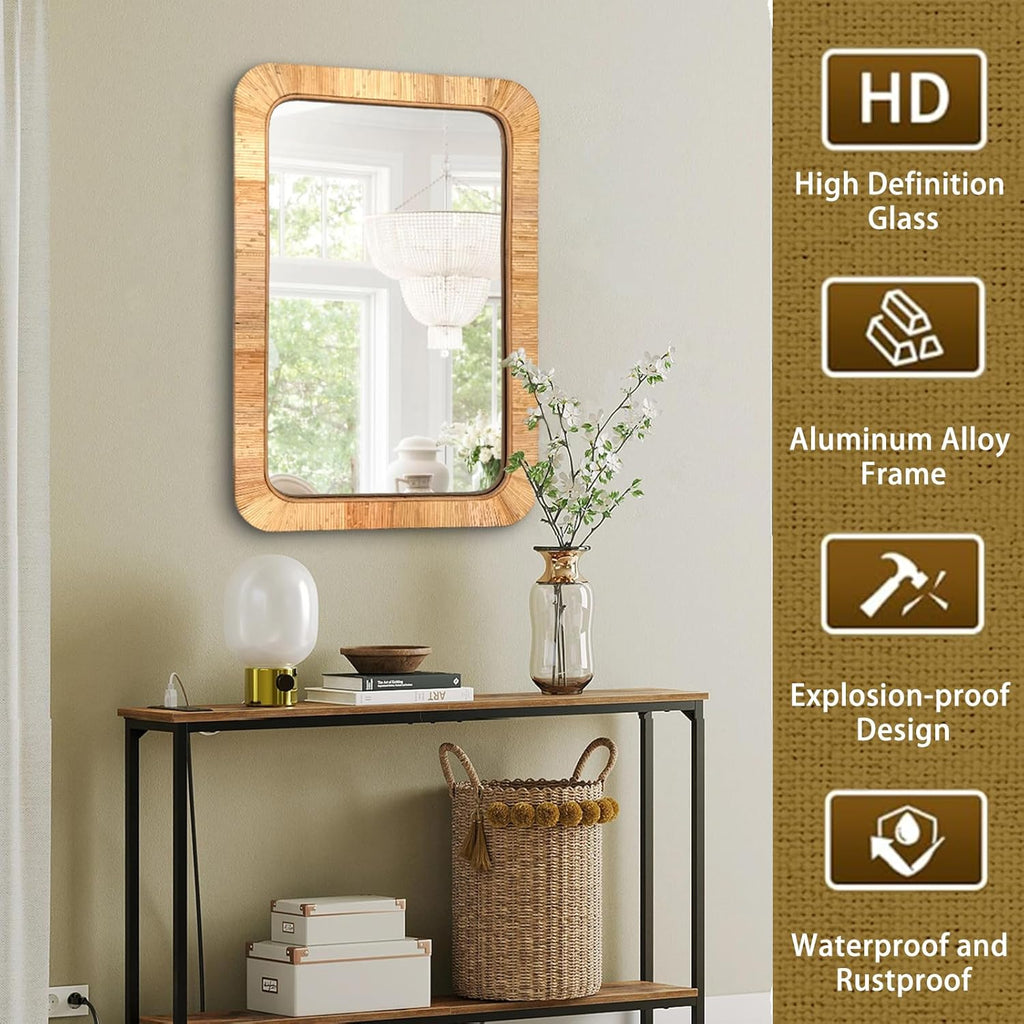 24x36 inch Rattan Rectangular Mirror for Wall, Bohemia Bathroom/Farmhouse Boho Mirrors, Vanity Irragular Decorative Mirror, Suitable for, Nursery, Bedroom, Living Room, Home Decoration