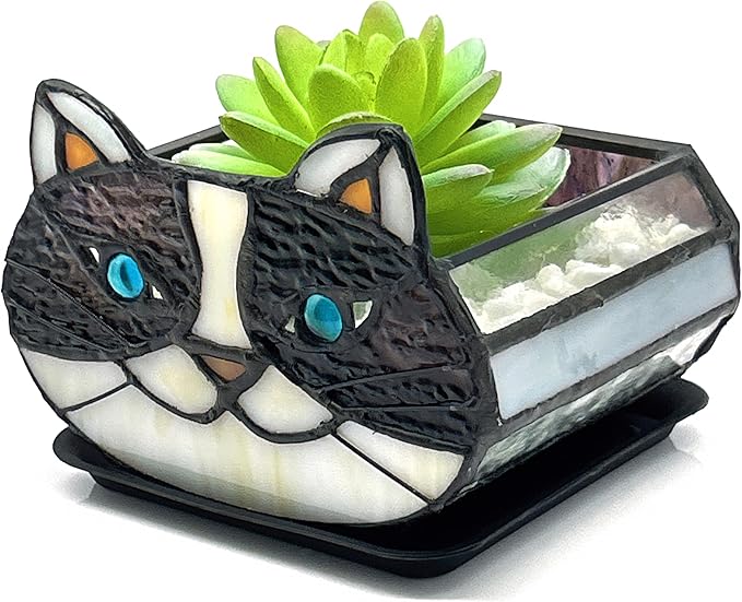 Cactus Black Cat Planter, Cute Small Stained Glass Flower Pot,Terrarium Planter for Tabletop Houseplants，Gifts for Cat Lovers 4.33x3.54x2.95 in (Flower Pot Does not Include Plants)