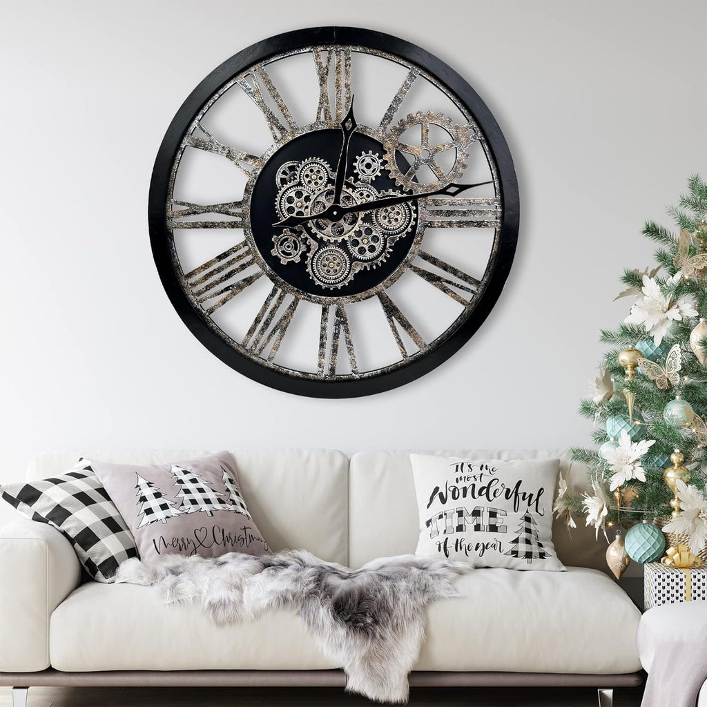 The B-Style Large Real Moving Gears Wall Clock 30 inch Rustic Retro Industrial Farmhouse Wood Clock Oversized Decorative Vintage Wall Clocks for Living Room (Black)