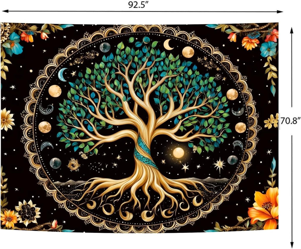 Delur Tree of Life Tapestry Moon Phase Nature Flower Plant Tapestry Wall Hanging Boho Mandala Spiritual Sun Aesthetic Psychedelic Headboard for Bedroom Living Room Home Decor (70.8" x 92.5")