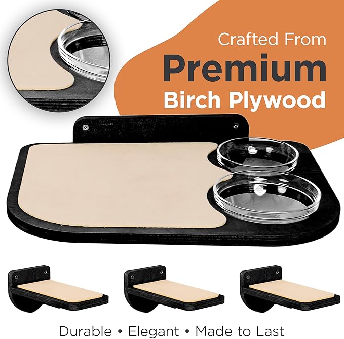 INICIO Cat Wall Shelves – Dog Proof Feeding Station with Wall Mounted Shelves, Durable 3 Step Birch Floating Shelf for Cats Up to 15lbs, Includes Attached Cat Food Bowl for Convenient Feeding – Black
