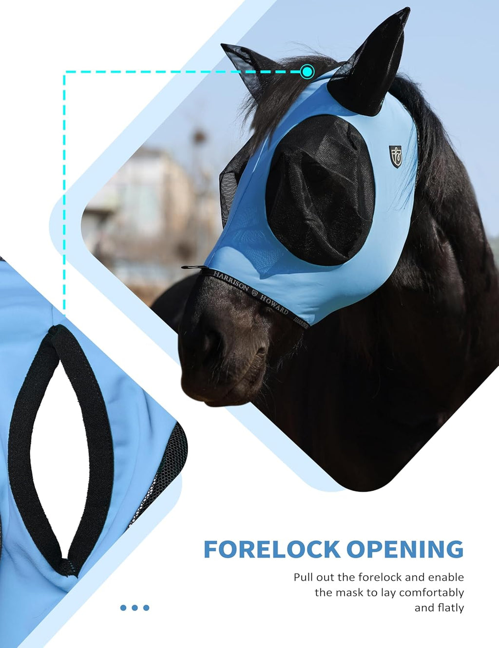 Harrison Howard Horse Fly Mask with Forelock Opening Stretch Breathable and Comfortable for Horses UV -Protection Ice Blue L