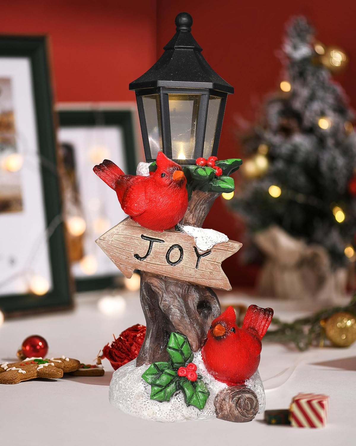 iStatue Lighted Cardinal Christmas Ornaments - 10’’ Resin 2 Red Birds Joy Lamp Post Figurine with Candle Lantern - Unique Xmas Decorations Indoor Decor Gift (Cardinal)