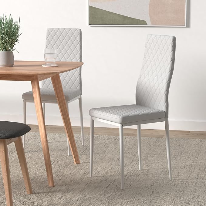 JT Modern Minimalist Dining Chair Fireproof Leather Sprayed Metal Pipe Diamond Grid Pattern Restaurant Home Conference Chair Set of 4 Or 6 (6, White)