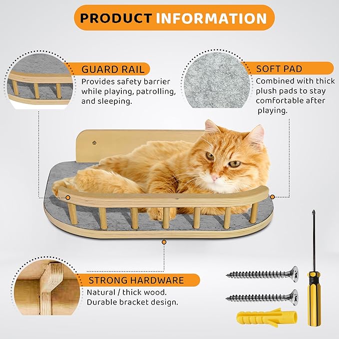 Cat Wall Shelves with 3 Steps – Modern Mounted Cat Wall Furniture & Shelf, Premium Hardwood Cat Bed for Climbing, Sleeping & Lounging, Indoor Hammock for Large Cats