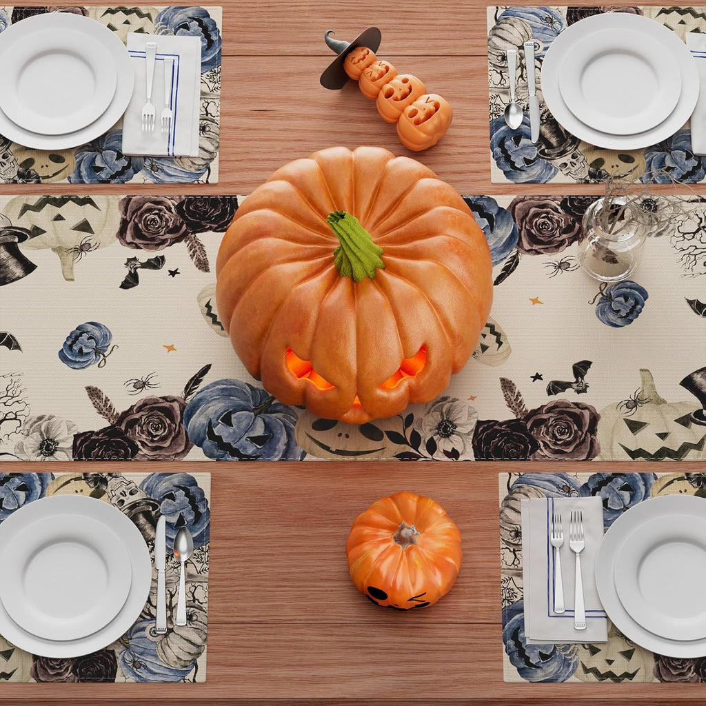 XCHI Spooky Blue Pumpkin Halloween Table Runner Party Table Decoration for Home Kitchen Dining Holiday Decor 13x120 Inch