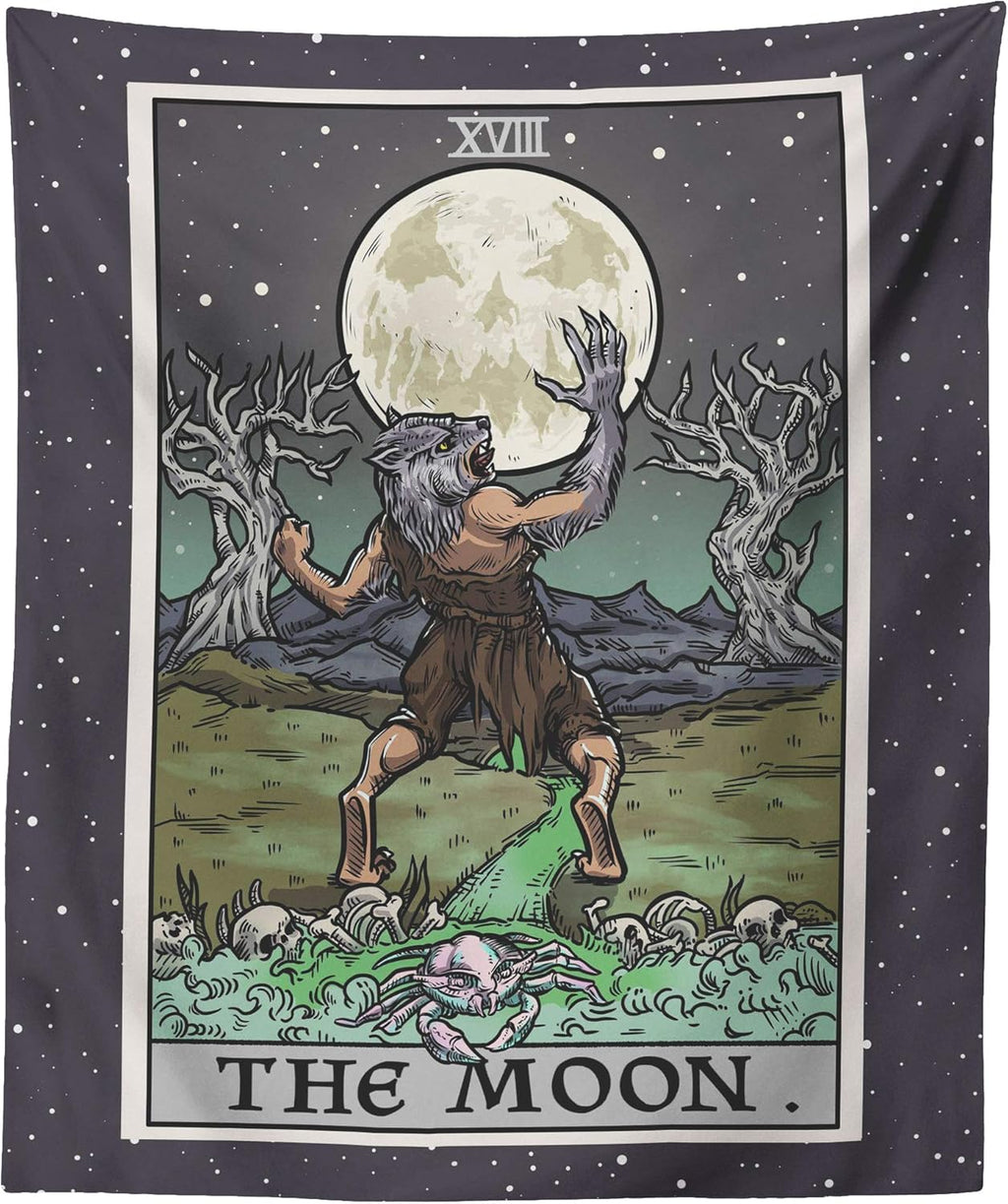 The Moon Tarot Card Tapestry - Werewolf - Gothic Halloween Home Decor Wall Hanging (80" x 68")