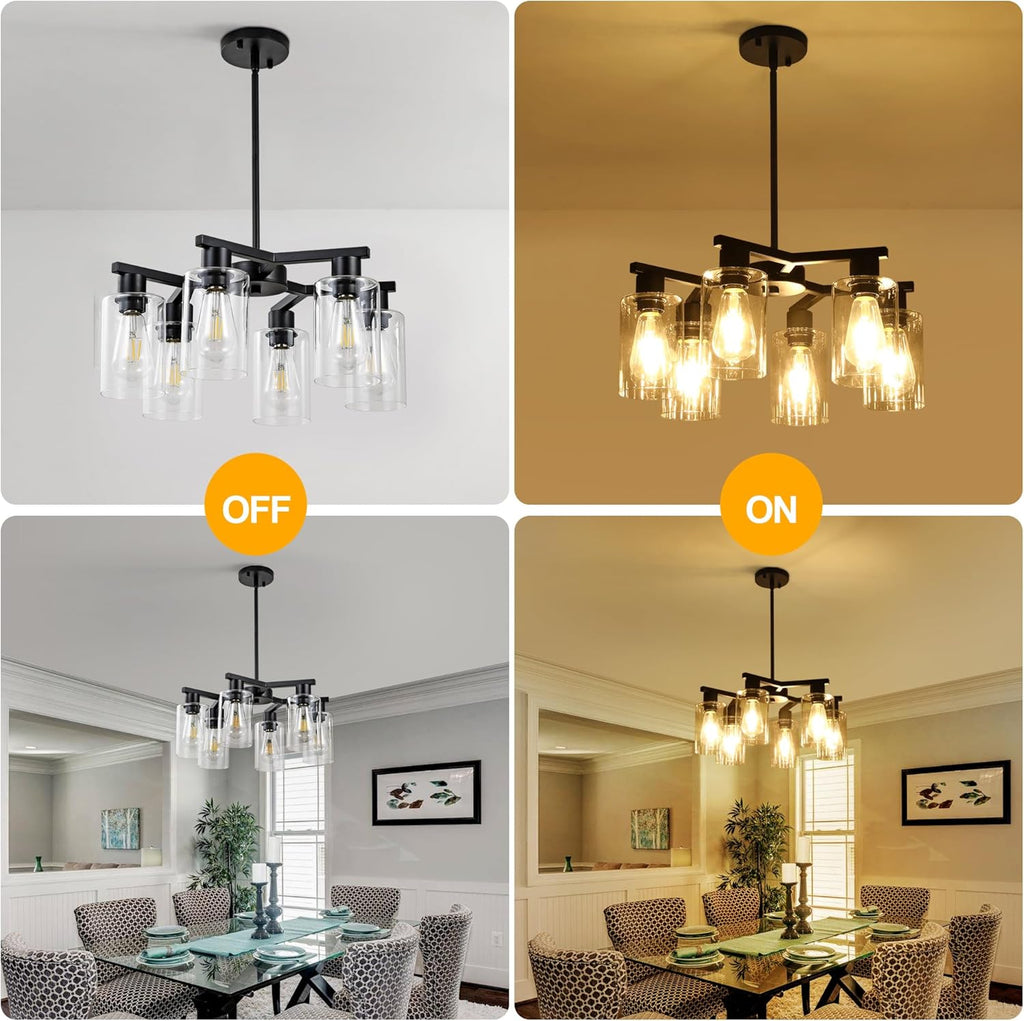 6-Light Black Modern Farmhouse Chandelier for Dining Room Ceiling Light Fixture with Clear Glass Shades, Adjustable Hanging Industrial Pendant Lighting for Living Room Kitchen Island Bedroom Entryway