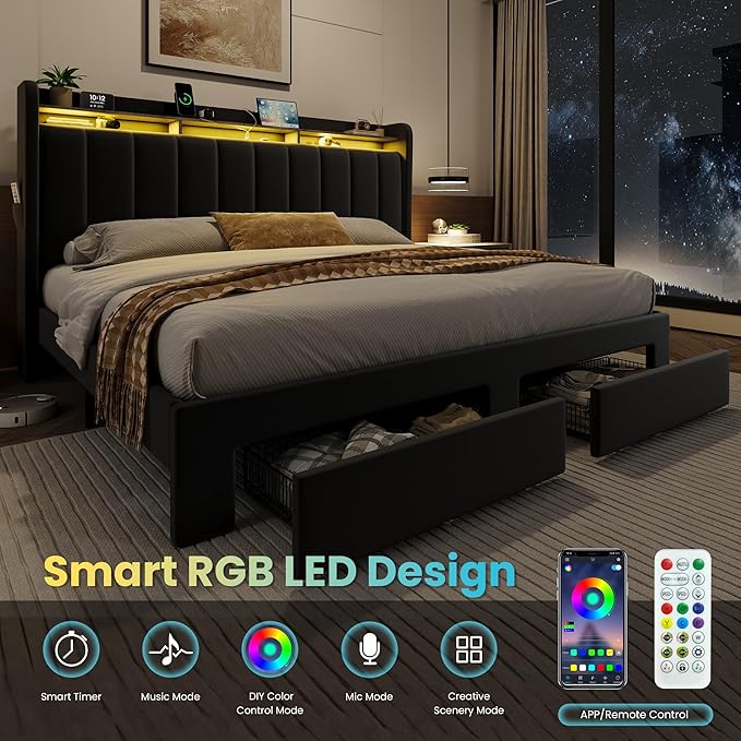 SHA CERLIN Velvet King Size Bed Frame with Vertical Channel Tufted Wingback Headboard & 2 Storage Drawers/2-Tier Shelves with LED Lights & Charging Station/Noise-Free/No Box Spring Needed/Black