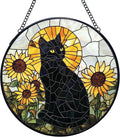Black Cat Sunflower Stained Glass Window Hanging Suncatchers, Sunflower Flower Black Cat Sun Catchers Indoor Window Glass Wall Art Decor, Floral Wall Hanging Decorations Sculptures, 7.9x7.9in