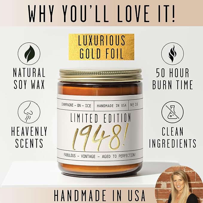 77th Birthday Gifts for Women - 'Limited Edition 1948' Soy Candle, w/Champagne on Ice I 77 Birthday Gifts for Women I 77th Birthday Gift for Her Ideas I 9oz Reusable Jar, 50Hr Burn, Made in USA