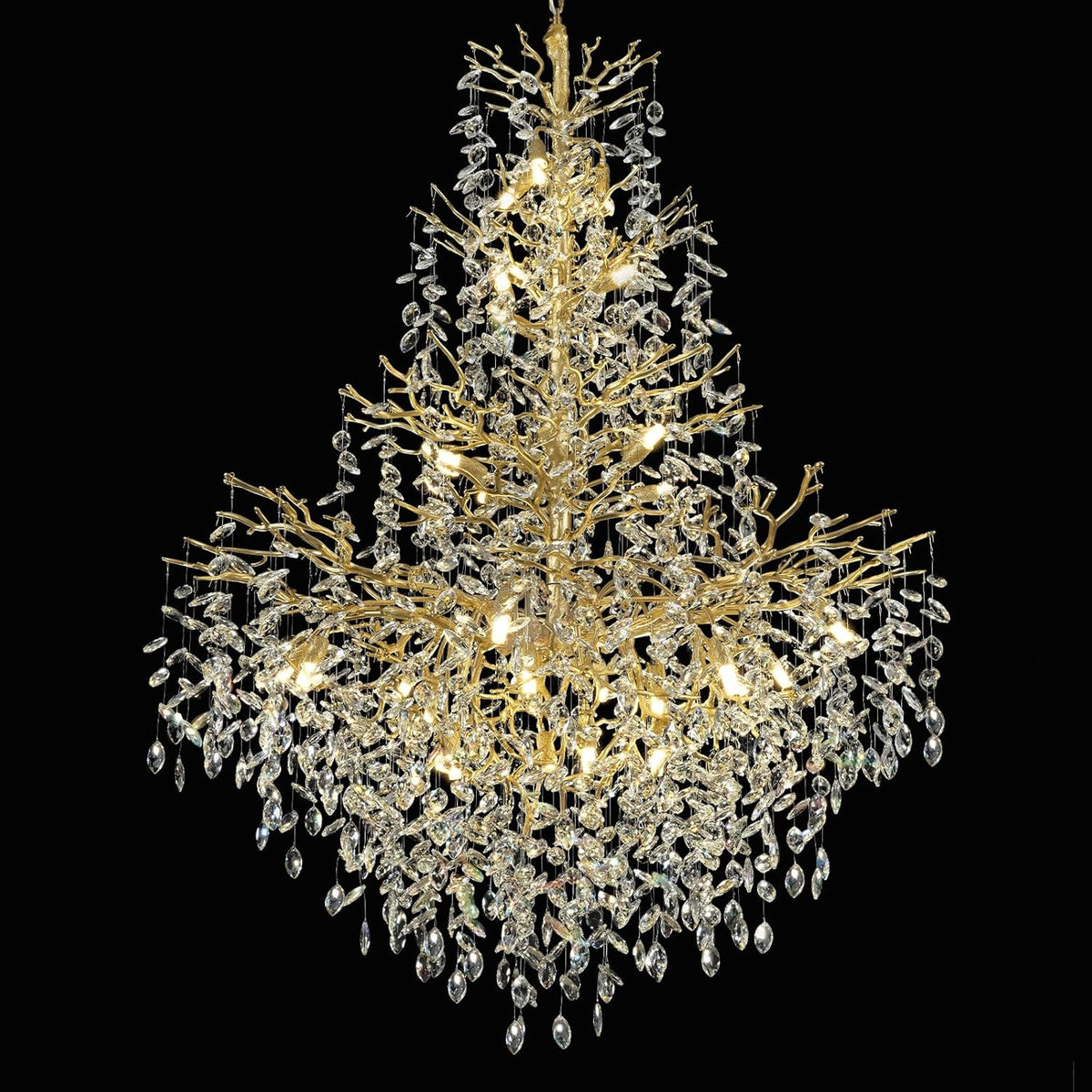 H65'' Gold Tree Branch Crystal High Ceilings Chandeliers, 27-Lights Modern K9 Crystal Staircase Chandeliers, D48'' Foyer Chandelier for High Ceiling, Luxury Large Living Room Chandelier