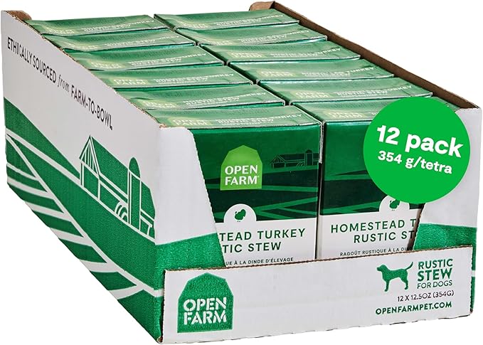 Open Farm Rustic Stews Wet Dog Food, Grain-Free, Complete & Balanced with Human-Grade Ingredients, Humanely-Raised Meat & Bone Broth, Homestead Turkey Recipe, 12.5oz Packs (Case of 12)