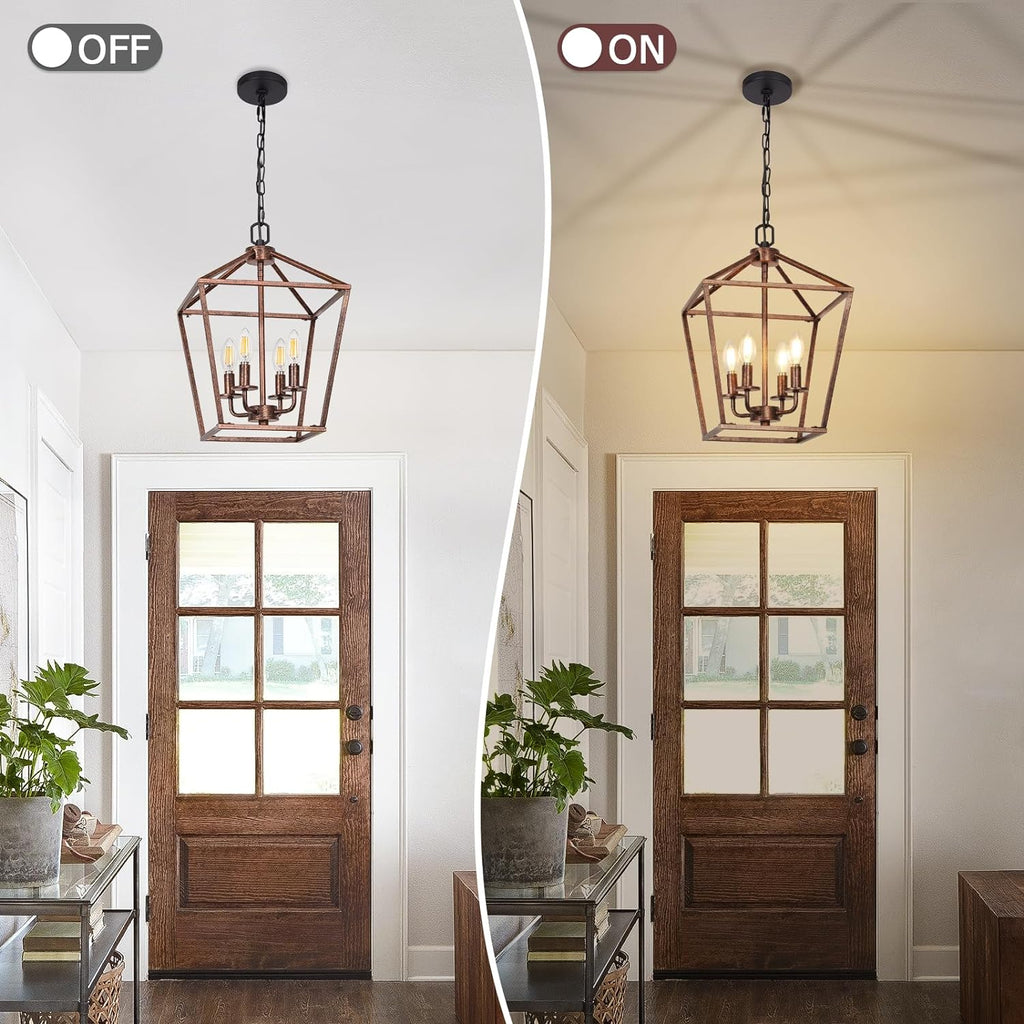 Chandelier for Dining Room, 4-Light Rustic Chandelier Fixtures, Vintage Ceiling Light with Adjustable Height, Antique Bronze Geometric Hanging Light for Bedroom, Foyer, Kitchen, Living Room, Entryway