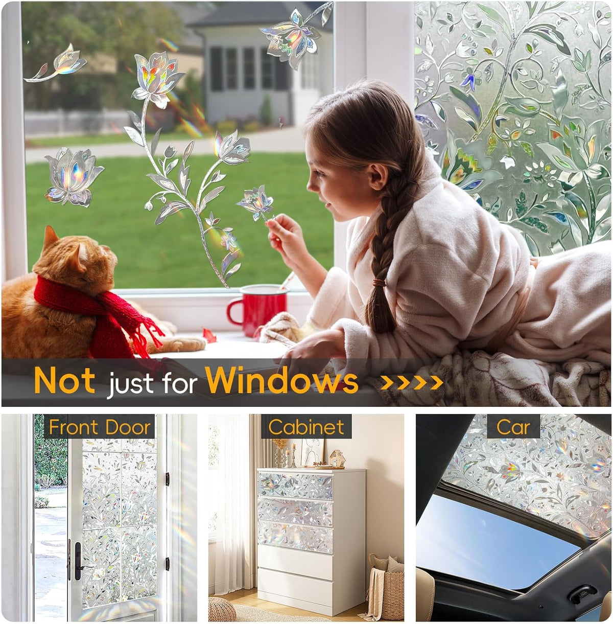 Rainbow Window Privacy Film Decorative, Stained Glass Window Tint for Home, 3D Decals Window Clings for Glass Windows, Static Cling Window Sticker, Suncatcher Window Cover,17.5" by 78.74"