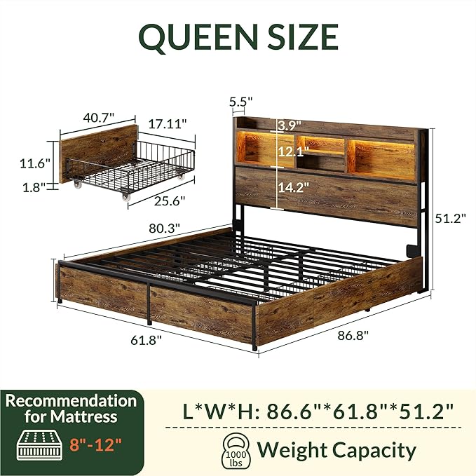LARMACE Queen Size Bed Frame with 6 Storage Drawers and Headboard Wooden Platform Bed Frame with LED Lights and Charging Station Easy Assembly/No Box Spring Needed/Vintage Brown