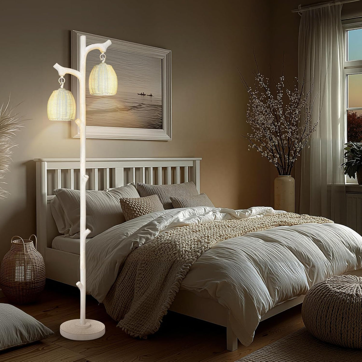 Scenekoy Rustic 68” Tall Floor Lamp with Rattan Shade, Retro Standing Lamp Tree Trunk Washed White Finish & Resin Body, Dimmable Corner Lamp with Bulb Prefer for Living Room Bedroom Home Decor