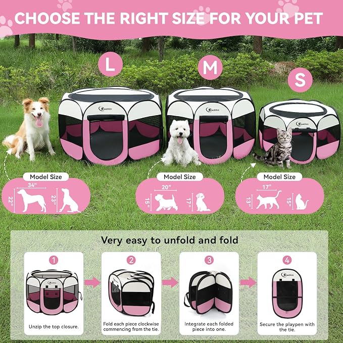 Sieidihit Dog Cat Pet Playpen Puppy Crate Cage Indoor Outdoor, Large Pink | Pet Nursing Enclosure Camping Rest Zone for Recovering Pets 600D waterproof polyester Oxford, Breathable double-layer mesh