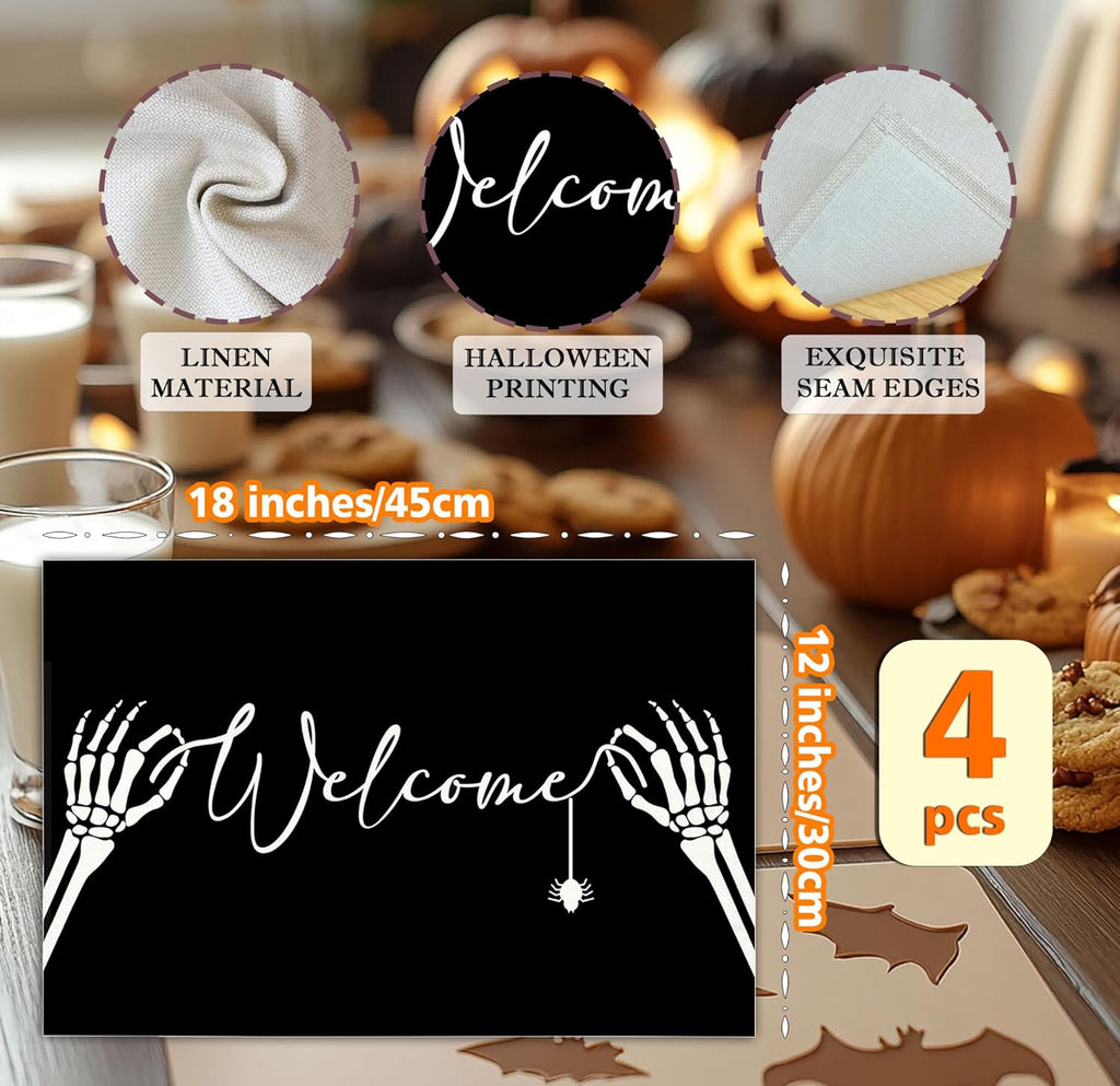 Halloween Skeleton Placemats Set of 4, 12x18 Inch Welcome Decorative Table Mats, Washable Heat Resistant Place Mats for Kitchen Dining Table, Spooky Themed Decoration for Home-B12