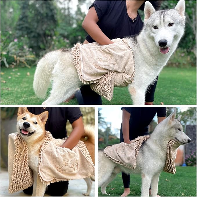 Tuff Pupper Quick Dry Towel for Dogs | Ultra Absorbent Microfiber Shammy | Extra Large 35x15 Size for All Breeds | Comfortable Hand Pockets | Indoor Outdoor Use | Durable Material | Machine Washable