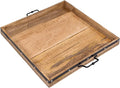 24"x24" Extra Large Square Ottoman Tray, Heavy Duty Mango Wood, for Serving Tea, Breakfast in Bed, Living Room Large Coffee Table Tray Rustic with Farmhouse Style, Decorative Handles and Accent Strap