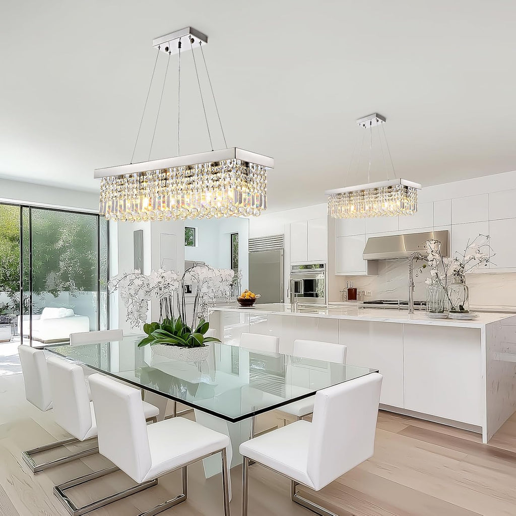 Modern Crystal Chandelier for Dining Room,6 Light K9 Crystal Rectangle Chandelier, Rectangular Pendant Ceiling Light Fixture for Living Room Kitchen Island L31.5''xW10''xH10''