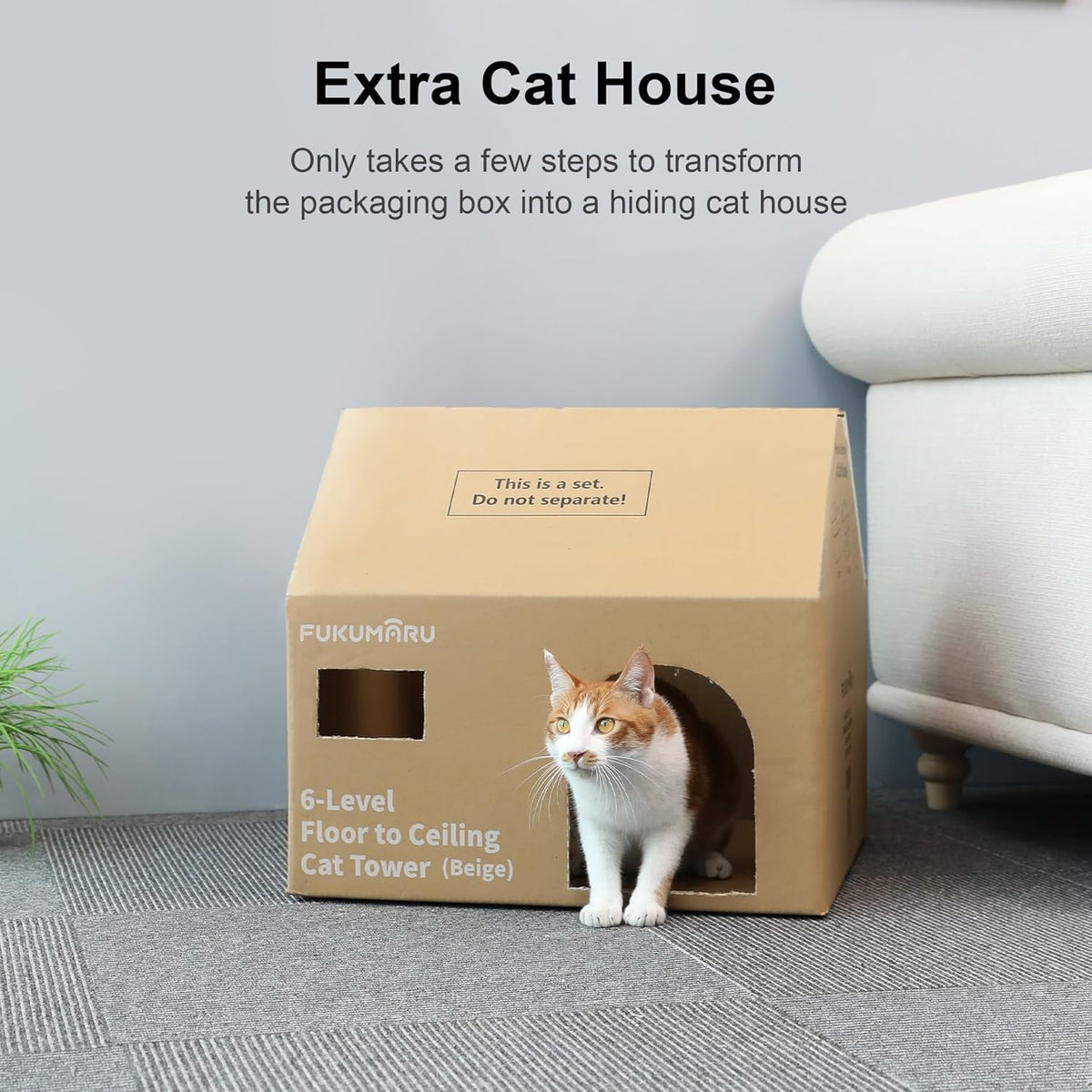 FUKUMARU Floor to Ceiling Cat Tree, 6 Level Adjustable Height (6-10 ft) Climbing Tower with Thickened Scratching Posts, Cats Activity Center with Cozy Hammock - Beige