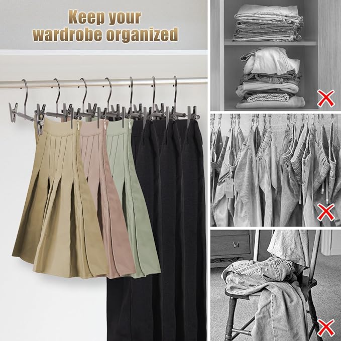 VWV 10-Pack Adjustable Women's Skirt and Pants Hangers, Durable, Space-Saving, Suitable for Jeans, Shorts, Underwear, Sports Bras (Matte Gunmetal)