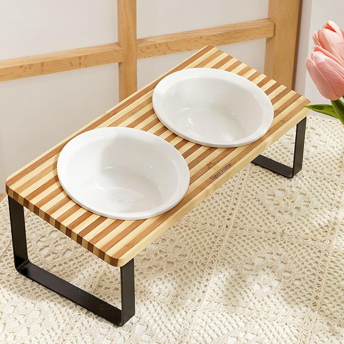 Sunhoo Ceramic Elevated Cat Bowls Raised Puppy Dishes for Food and Water Tilted Wooden Stand for Indoor Cats 5.5 inch Wide Double Dish Orthopedic Reduces Vomiting (Yellow&Brown)