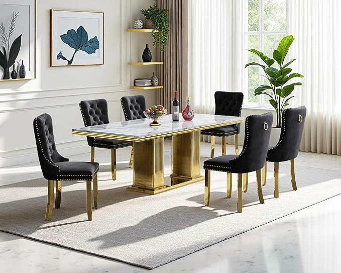 68" Faux Marble Dining Table Set for 6, 7-Piece Dining Set with White Gold Kitchen Table and 6 Velvet Tufted Chairs, Modern Rectangular Dining Room Tables with Column-Shape Stainless Steel Base