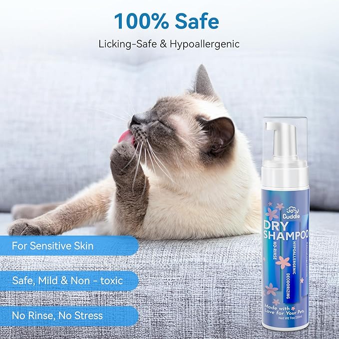 Waterless Cat Shampoo with Brush - No Rinse Safe Licking Foam, Reduce Shedding & Dander, Hypoallergenic for Kittens/Senior Cats, Quick Dry Grooming & Odor Control, Dry Shampoo pH Balanced (7 oz)