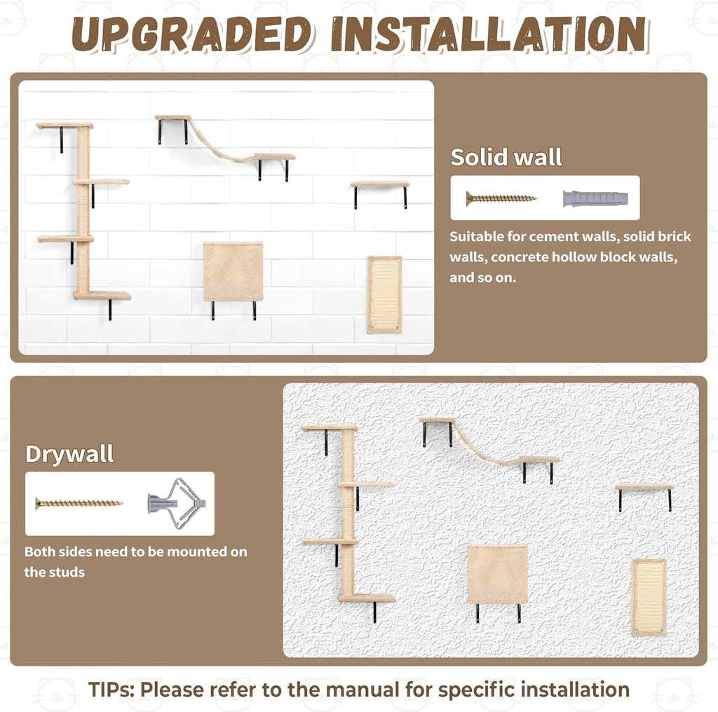 COZIWOW Wall Mounted Cat Furniture, Cat Wall Shelves and Perches, Floating Cat Shelves for Wall Set of 5(Beige)