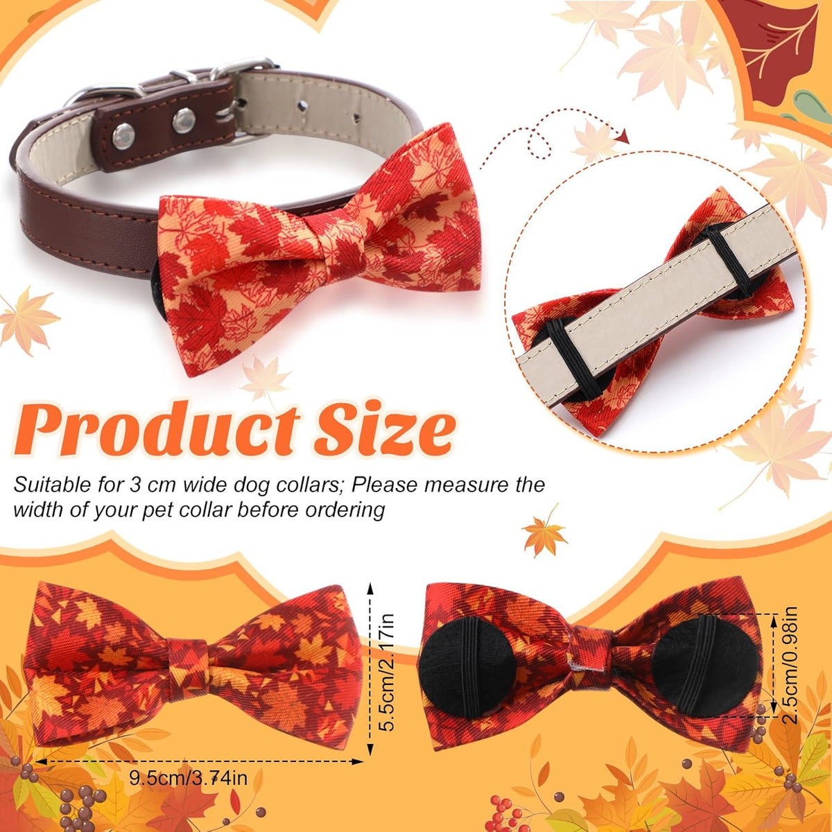 Hillban 50 Pcs Fall Thanksgiving Dog Collar Bow Ties Maple Leaves Dogs Collar Accessories Bow Ties Attachment with Elastic Bands Detachable Charms for Pet Costume Photo Props Accessories Pet Shops