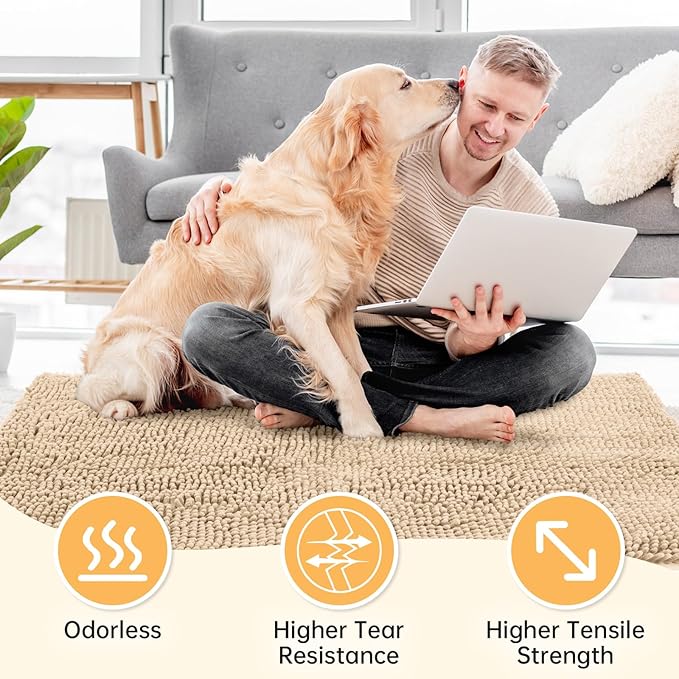 Absorbent Dog Door Mat for Muddy Paws, 60" x 24" Chenille Indoor Mats for Entryway, Trap Dirt Front Door Mat Indoor Entrance Washable Non Slip Soft Beige
