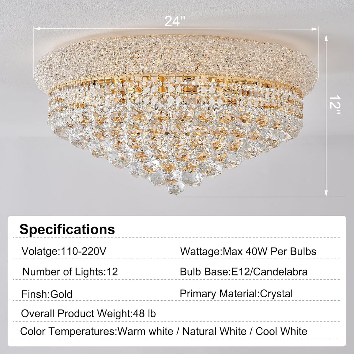 12-Light Crystal Flush Mount Chandelier Ceiling Light Fixture for Living Room Dining Room Bedroom Foyer Entryway Hallway Closet Bathroom (Gold D24)
