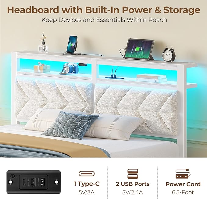 Seventable Bed Frame Full Size with Charging Station, LED Bed with Upholstered Storage Headboard, Metal Platform Bed with Under Bed Storage, No Box Spring Needed, Noise Free, Easy Assembly, White