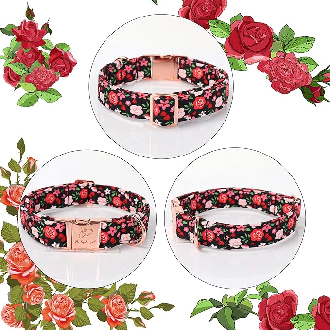 Floral Dog Collar - Rose Red Wild Flowers Pattern Cute Puppy Collar, Adjustable Winter Holiday Metal Buckle Dog Collars for Small Medium Large Dogs L