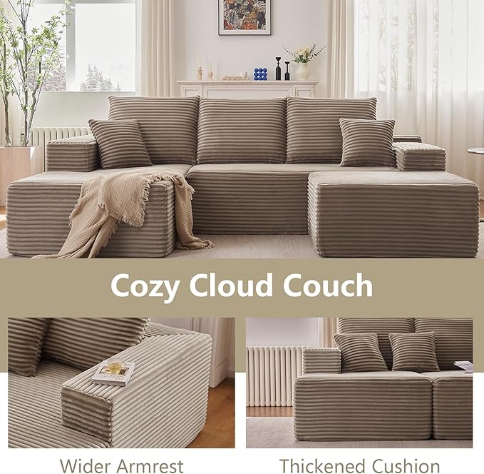 107" L-Shape Sofa with Ottoman, Modern Modular Sectional Comfy U-Shape Cloud Couch, Deep Seat, Upholstered Corduroy Sleeper Chaise Longue for Living Room Bedroom, No Assembly Required, Camel