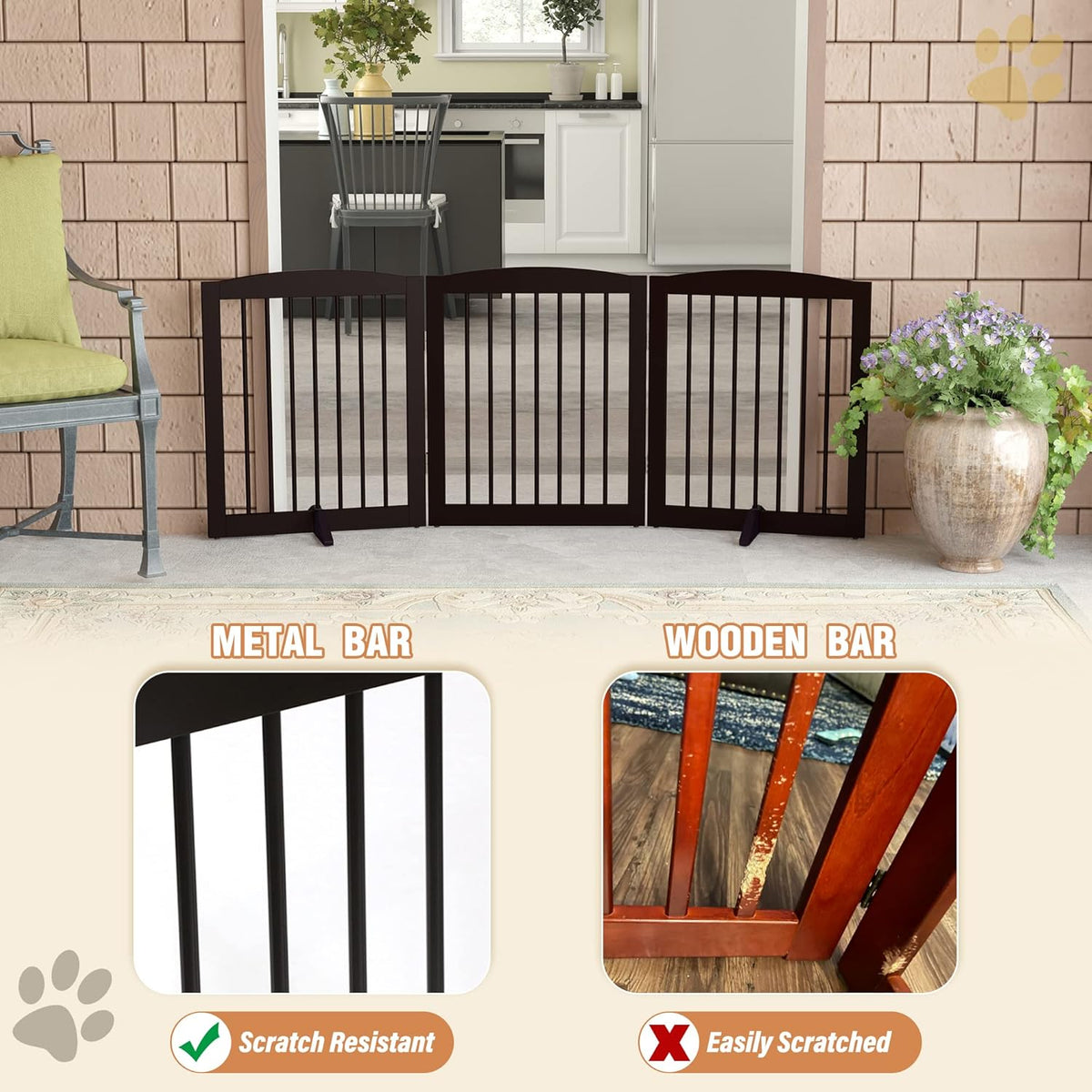 Freestanding Pet Gate for Dogs, Foldable Wooden Dog Gate for House, Indoor Dog Gate for Doorways, Stairs, Gates for Dogs Indoor, Support Feet Included, 24" Height 3 Panels, Brown