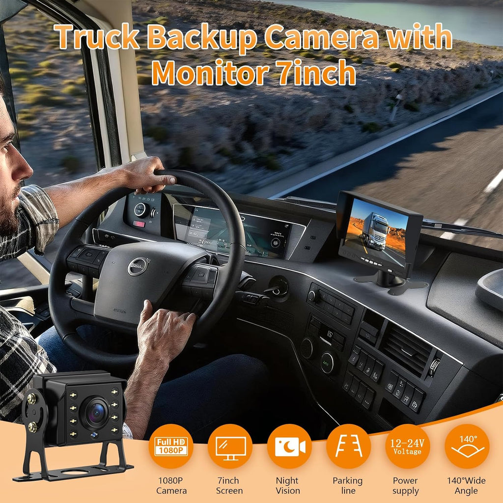 Wired Reverse Backup Camera with 7" Screen, Waterproof IP68, Night Vision Vehicle Camera for Truck, RV, Trailer, Vans, Bus - Tulakeey
