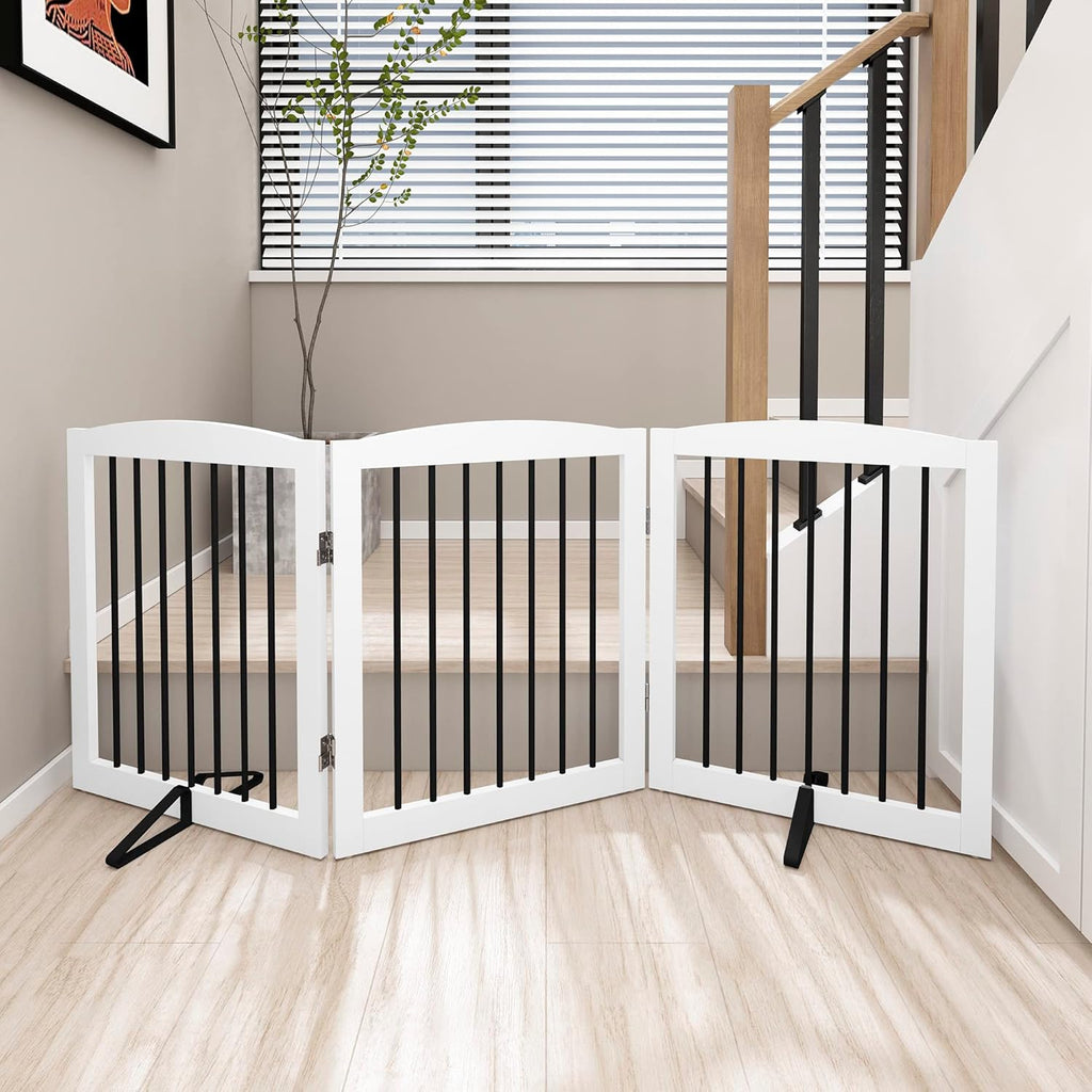 Freestanding Wooden Pet Gate for House, Foldable Indoor Dog Gate for Doorways, Stairs - 24" Height, 3 Panels, White