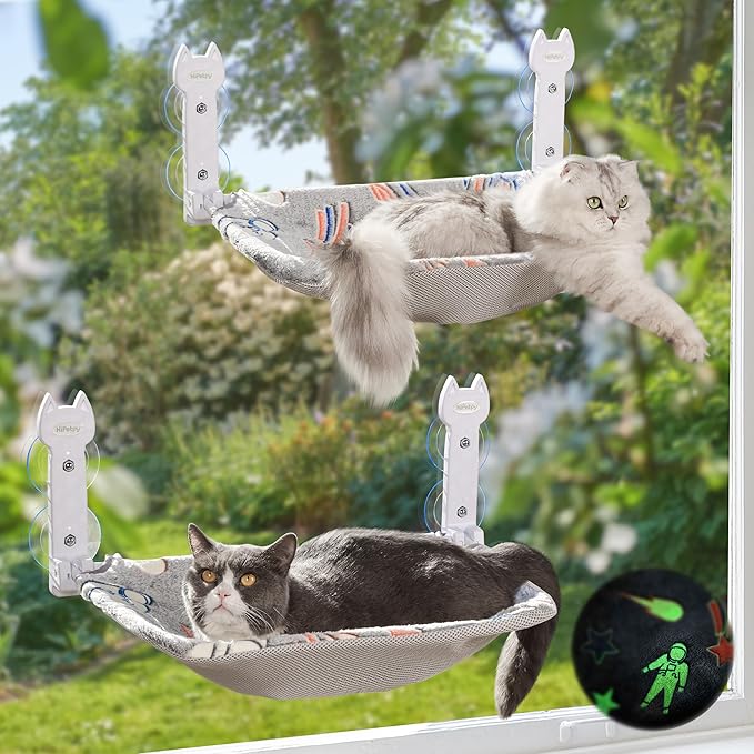 2 Pack Cat Window Perch, Glow in The Dark Foldable Cat Hammock with Sunken Design & Removable Soft Cover, Breathable Cordless Window Bed for Resting Indoor Kitten (Shallow Perch, 2 Pack - M)