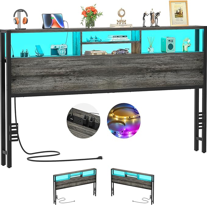 Aheaplus Headboard for King Size Bed with Storage, Headboards with Outlets, USB Ports and LED Light, King Size Head Board Only, Height Adjustable, Reversible, Sturdy and Stable Headboard, Black Oak