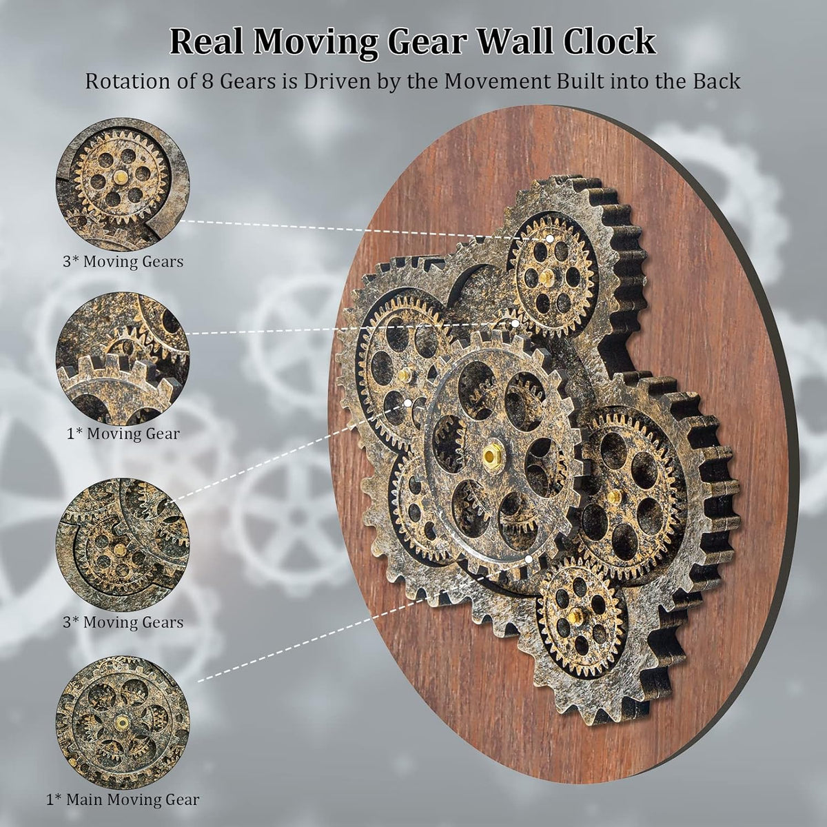 HOIBAI Large Wall Clock 24 Inch Large Clocks for Living Room Decor with Moving Gears Vintage Industrial Steampunk Farmhouse Big Clock for Home Kitchen Bedroom Office