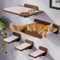 Cat Wall Shelves - Wall Mounted Cat Shelves with Feeding Station | Walnut Finish, Solid Pinewood, Beige Carpet, Supports Up to 33 lbs, Stainless Bowls, Dog-proof, Lounging, Climbing