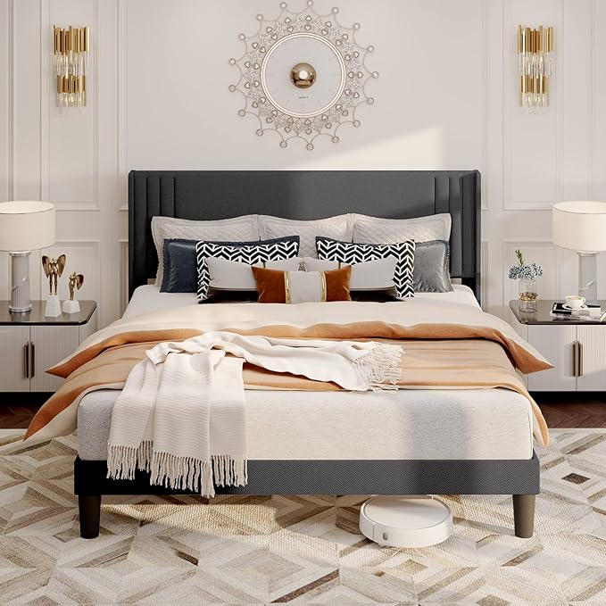 Gizoon Queen Bed Frame with Wingback Headboard, Upholstered Platform Bed with Modern Geometric Headboard, Wooden Slats, Noise-Free, No Box Spring Needed