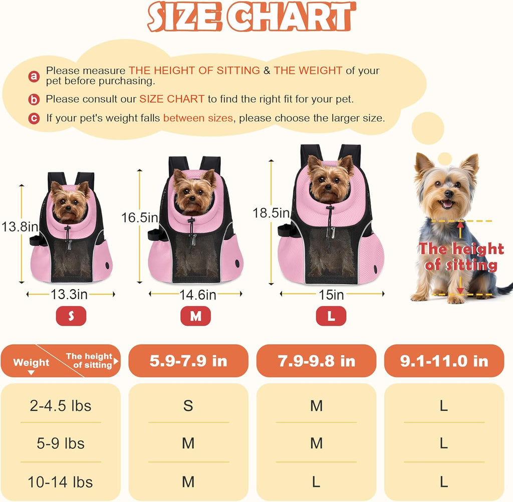 WOYYHO Pet Dog Carrier Backpack Small Dog Front Backpack Ventilated Mesh Dog Travel Back Pack with Safety Belt for Travel Hiking Cycling Outdoor Adventures (Size S: 2-4.5 lbs, Pink)