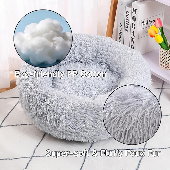 Calming Donut Dog Beds for Small Dogs Kitten - Washable Removable Cover Non-Slip Bottom, Round Pet Bed Puppy Bed Warming Fluffy Faux Fur Anti-Anxiety, Fits up to 15 lbs (Light Grey, 20")