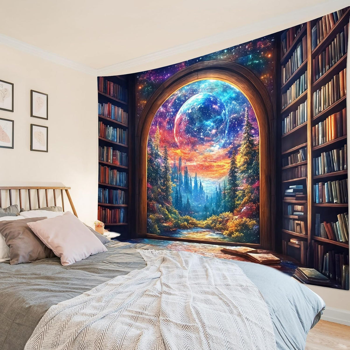 LB Fantasy Bookshelf Moon Tapestry, Forest Tree and Vintage Library Classroom Wall Tapestry for Bedroom, Galaxy Cool Wall Art for Living Room Dorm Home Decor Ready to Hanging, 60 x 40 Inches