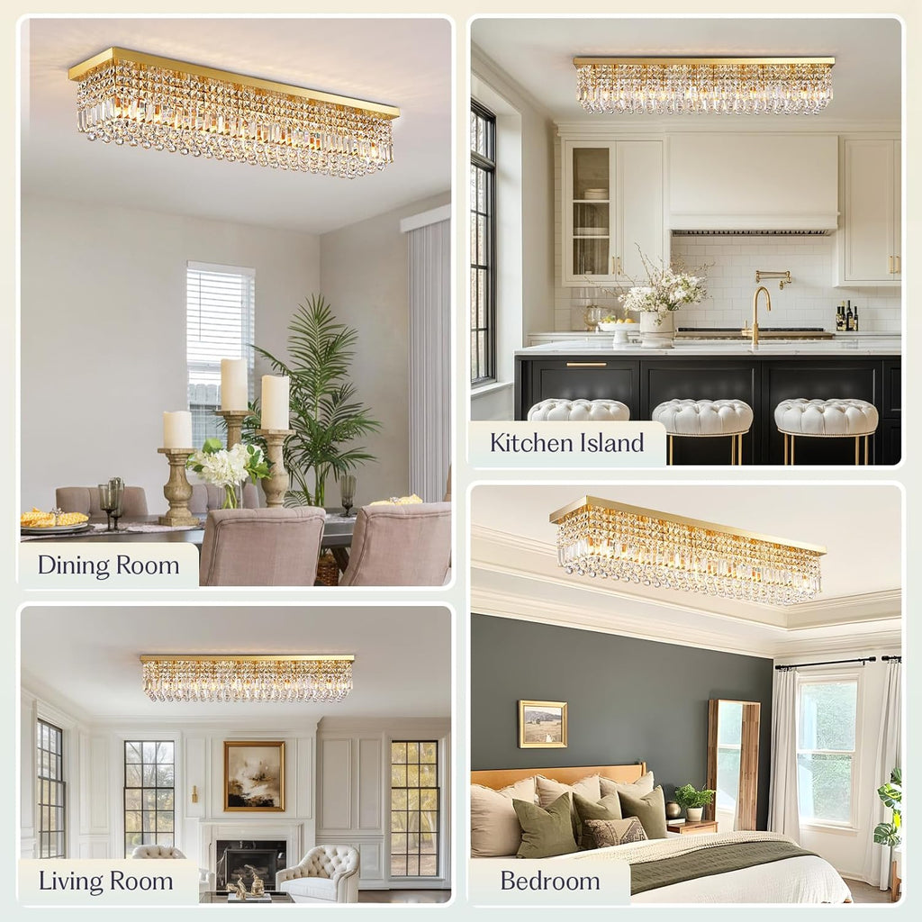 10 Lights Gold Flush Mount Rectangle Chandelier, Modern K9 Crystal Chandeliers Light Fixture Rectangular Raindrop Chandelier Pendant Island Light for Living Dining Room Kitchen Bar L47 Inch